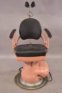 VINTAGE WEBER DENTAL CHAIR: PINK ENAMEL CHAIR. SEAT IS TORN. NEEDS REWIRED, CHIPS TO ENAMEL. AS FOUND CONDITION. UNKNOWN WORKING ORDER. THIS ITEM EXCEEDS SIZE LIMITATIONS FOR IN HOUSE SHIPPING.