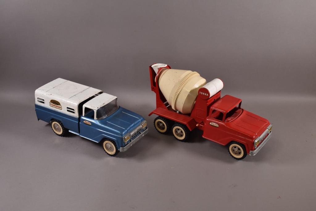 2 1950'S / 60'S TONKA TRUCKS: CEMENT MIXER & FISHERMAN PICKUP. MISSING WINDSHIELD ON MIXER. SURFACE SCRATCHES, PLAYED WITH CONDITION. 14" L & 16" L