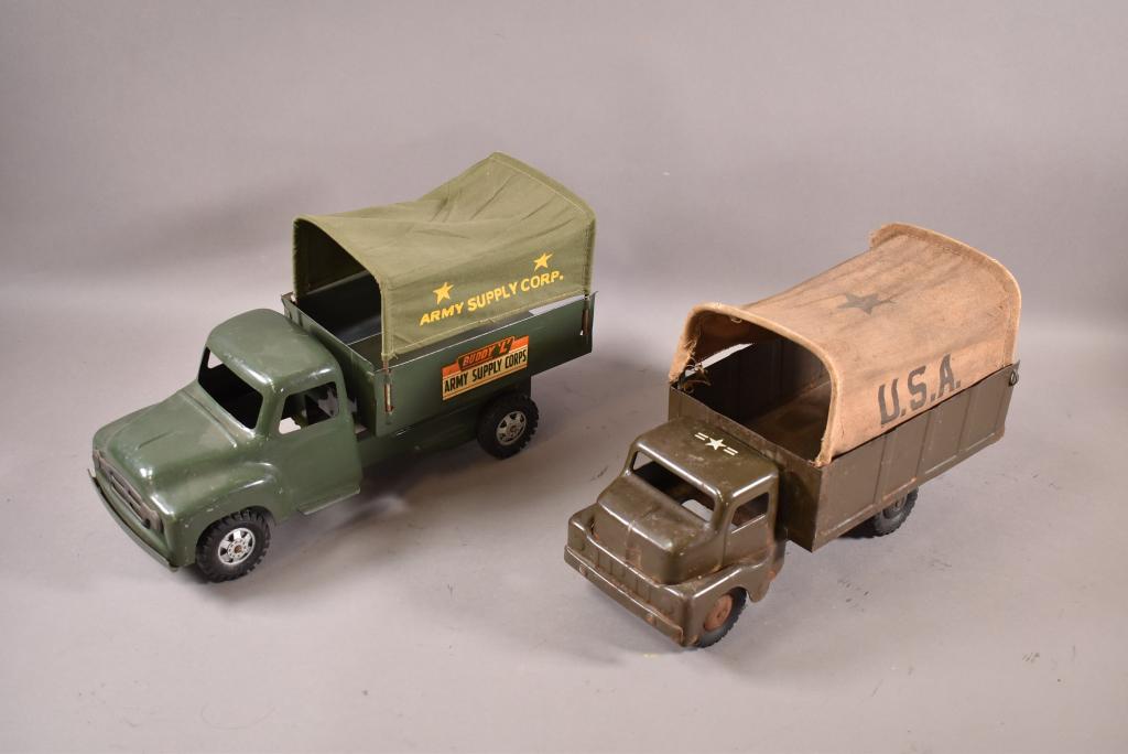 2 1950'S PRESSED STEEL ARMY TRUCKS (1 of 2)