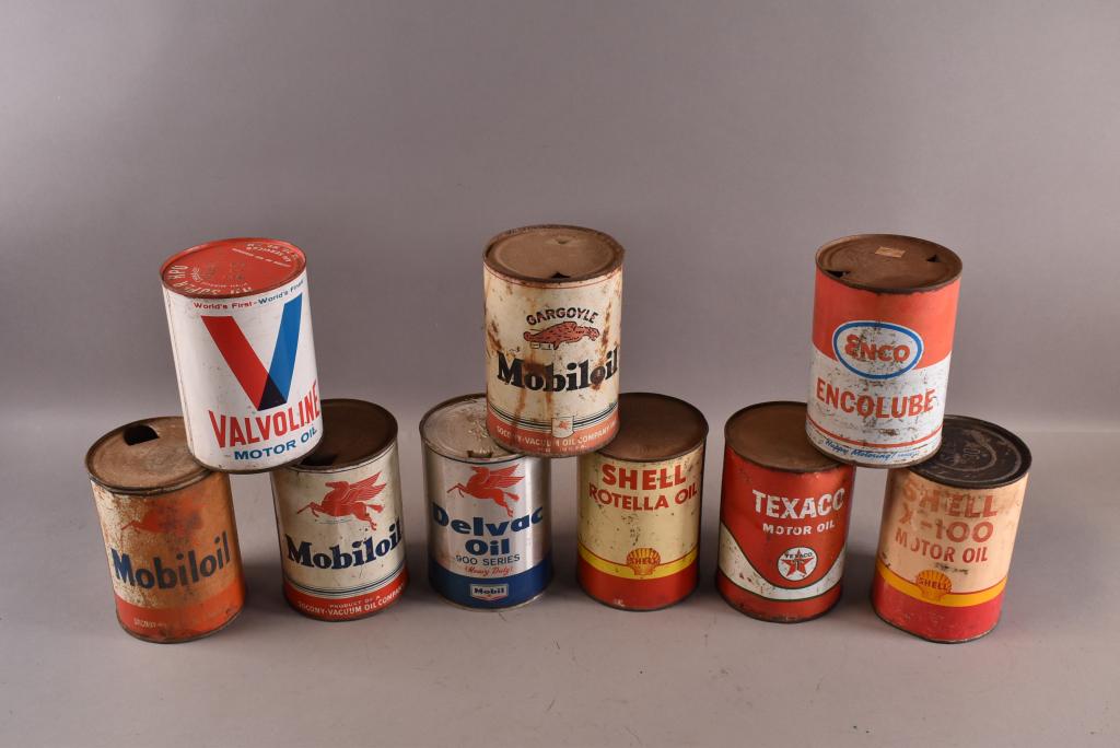 9 MISC 1 QUART CANS: MOBIL, SHELL, ENCO, TEXACO, & MORE. SURFACE SCRATCHES, RUST, DENTS.