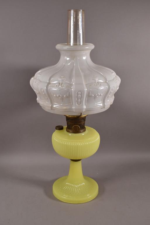 ALADDIN YELLOW MOONSTONE OIL LAMP W/ GLASS SHADE: STAINS TO SHADE. 24" INCLUDING CHIMNEY