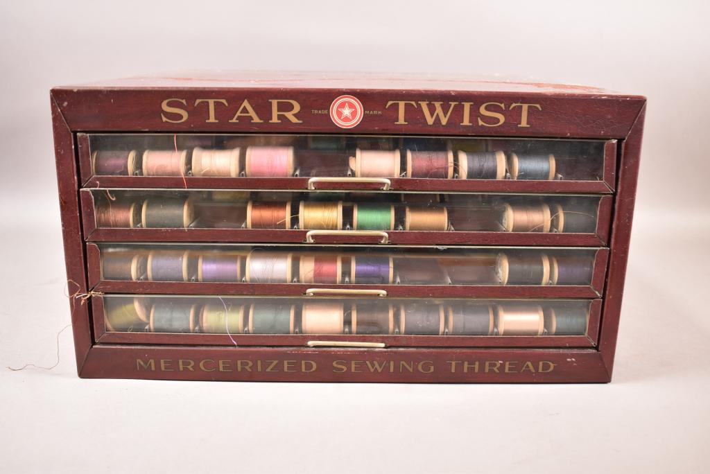 STAR TIN LITHO TABLE TOP 4 DRAWER SPOOL CABINET (1 of 5)