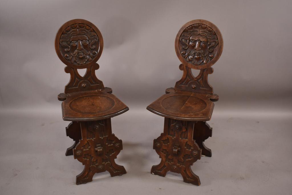 PAIR OF 1900'S CARVED OAK HALL CHAIRS (1 of 6)