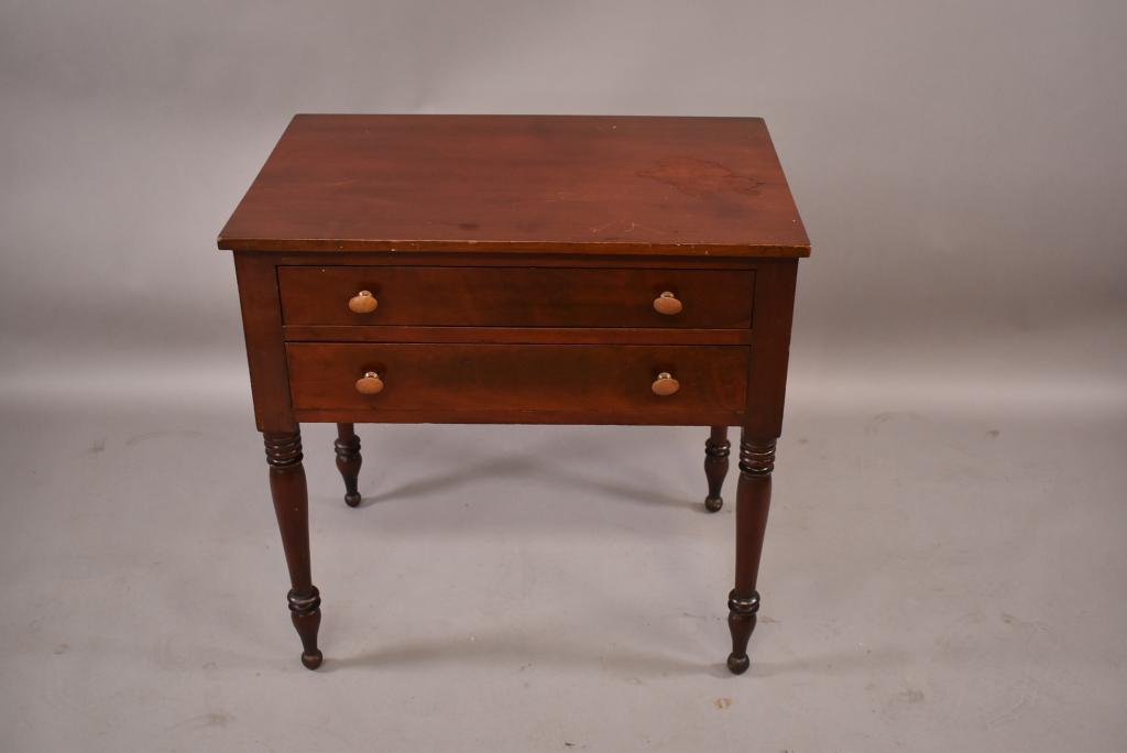 MID 1800'S 2 DRAWER WORK TABLE: FINISH DAMAGE TO TOP SURFACE. EDGE WEAR. 30" x 20" x 29". THIS ITEM EXCEEDS SIZE LIMITATIONS FOR IN HOUSE SHIPPING.