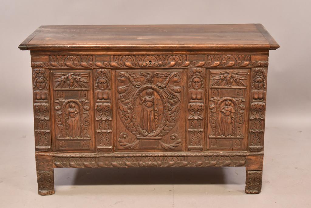19TH CENTURY HIGHLY CARVED SPANISH COFFER (1 of 7)