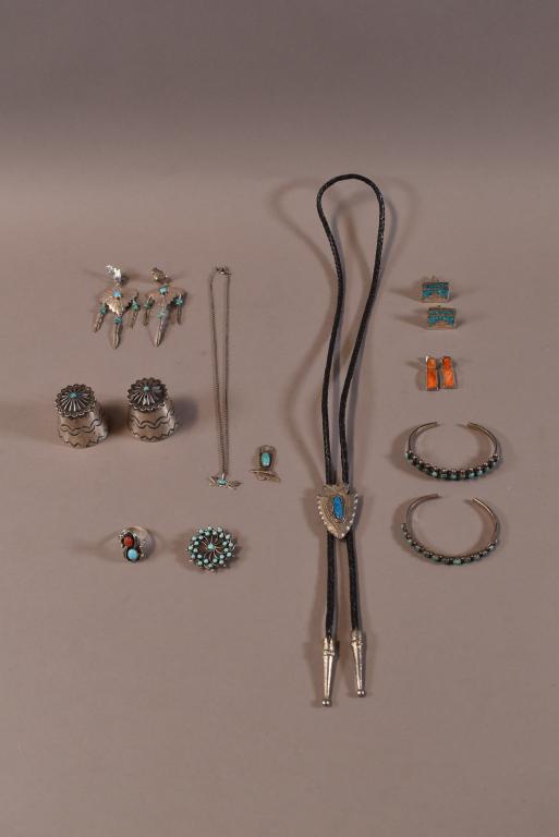 LOT OF NATIVE AMERICAN JEWELRY: INCLUDING STERLING. SOME PIECES ARE NOT MARKED STERLING, EARRINGS, CUFF LINKS, NECKLACE, BOLO TIE, SALT & PEPPER.
