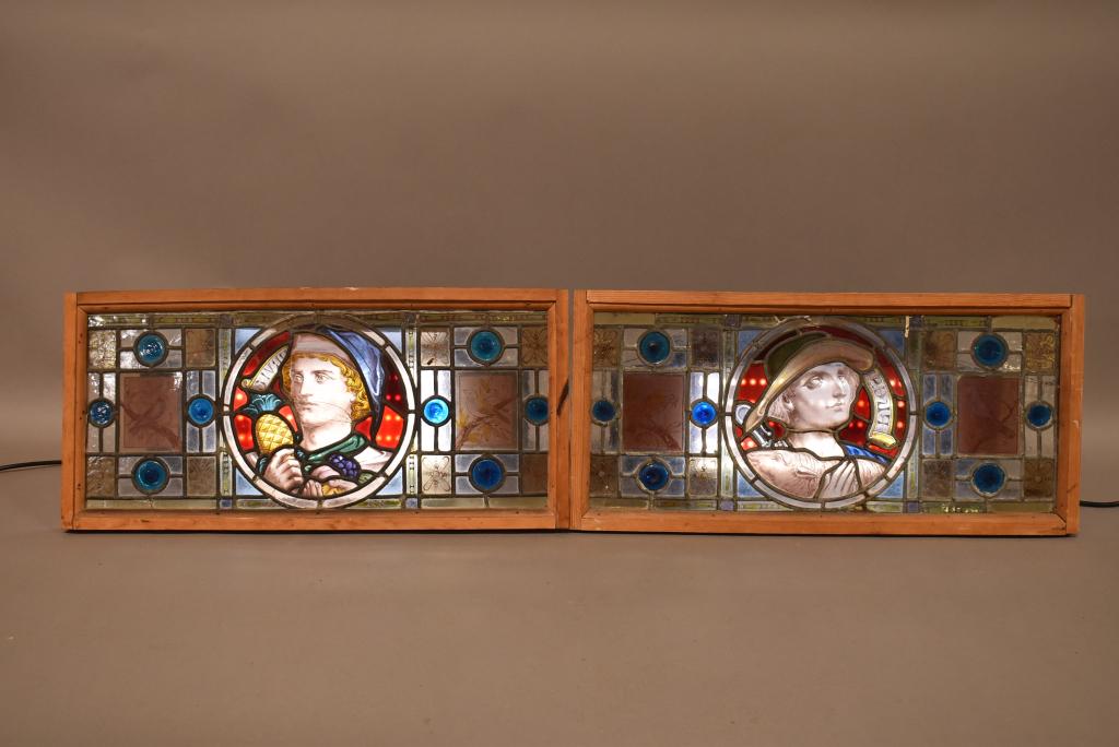 PAIR OF ANTIQUE LEADED GLASS FIGURAL WINDOWS (1 of 6)