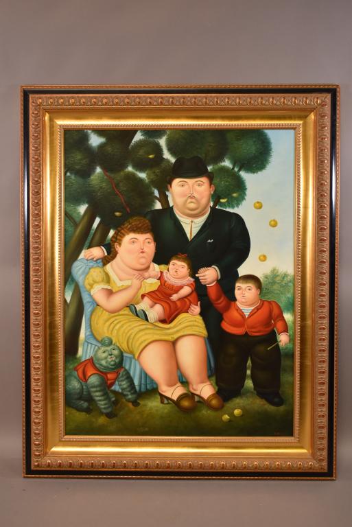 LARGE "LA FAMILIA" PAINTING AFTER FERNANDO BOTERO: SIGNED LOWER RIGHT. GOOD OVERALL CONDITION. 49" x 61 1/2" IN FRAME. THIS ITEM EXCEEDS SIZE LIMITATIONS FOR IN HOUSE SHIPPING.
