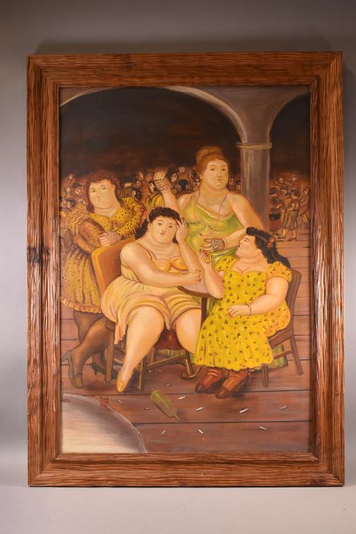 LARGE PAINTING IN THE STYLE OF FERNANDO BOTERO: GOOD OVERALL CONDITION. 33 3/4" x 46". THIS ITEM EXCEEDS SIZE LIMITATIONS FOR IN HOUSE SHIPPING.