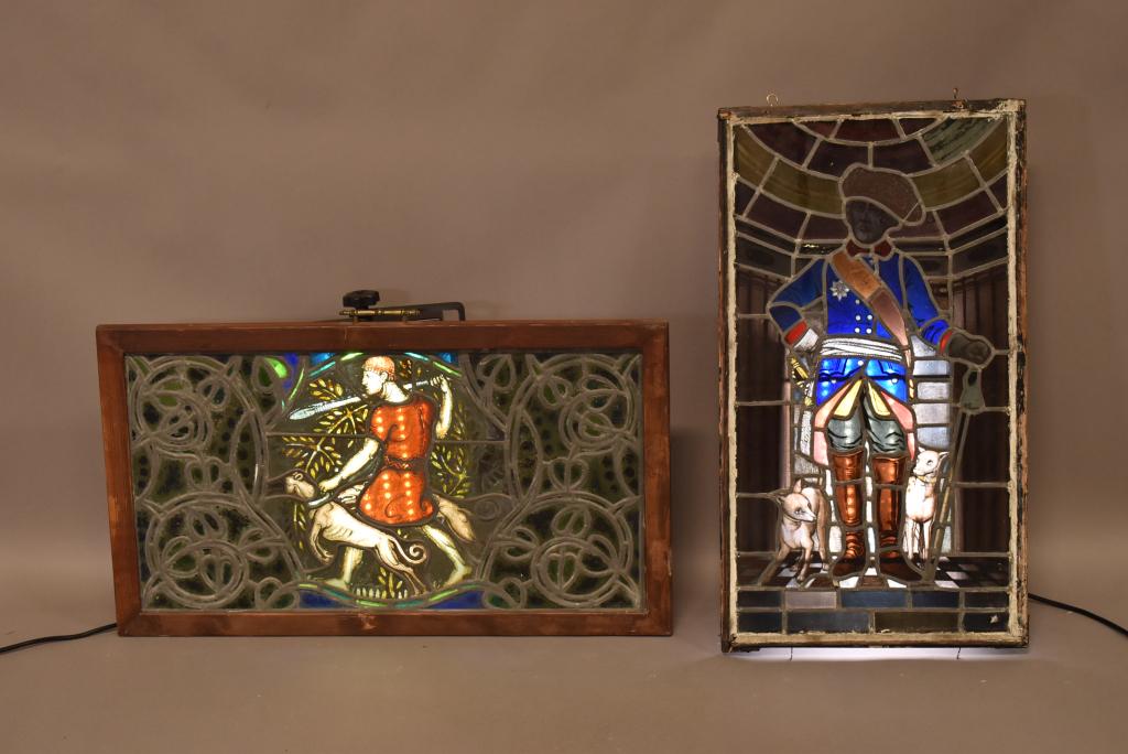 2 ANTIQUE LEADED GLASS FIGURAL WINDOWS (1 of 4)