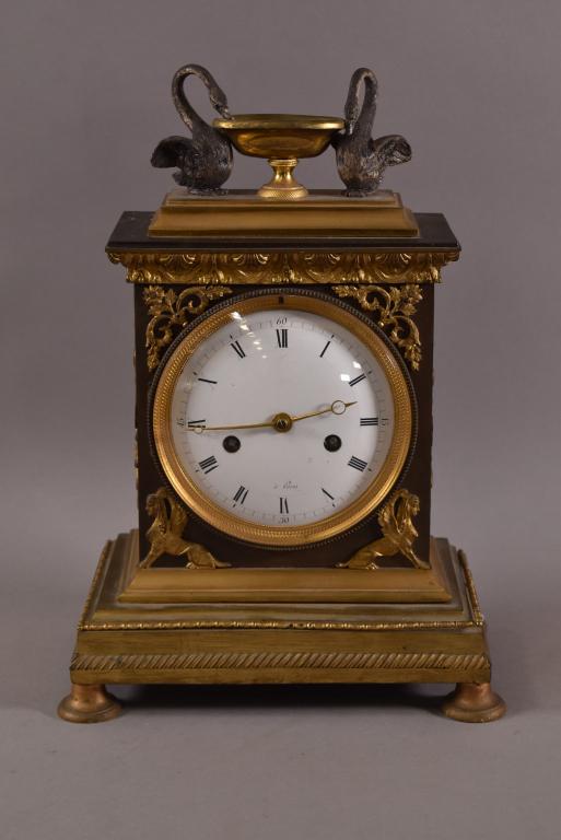 FRENCH BRONZE MANTLE CLOCK W/ SWAN DECORATION (1 of 4)