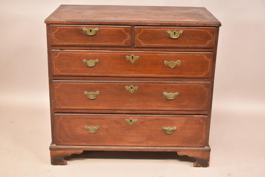 19TH CENTURY 5 DRAWER INLAID CHEST: MISSING 1 BAIL. BACK LEG HAS MISSING PIECE. FINISH HAS WEAR AND STAINS. 37" x 20" x 34" THIS ITEM EXCEEDS SIZE LIMITATIONS FOR IN HOUSE SHIPPING.