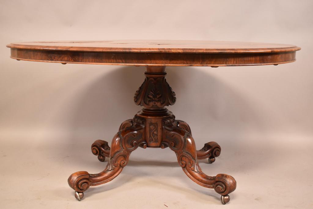 19TH C. BURLED TILT TOP TABLE WITH CARVED BASE (1 of 5)