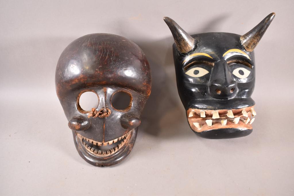 2 CARVED WOOD THEATRE MASKS (SKULL & DEVIL) (1 of 5)