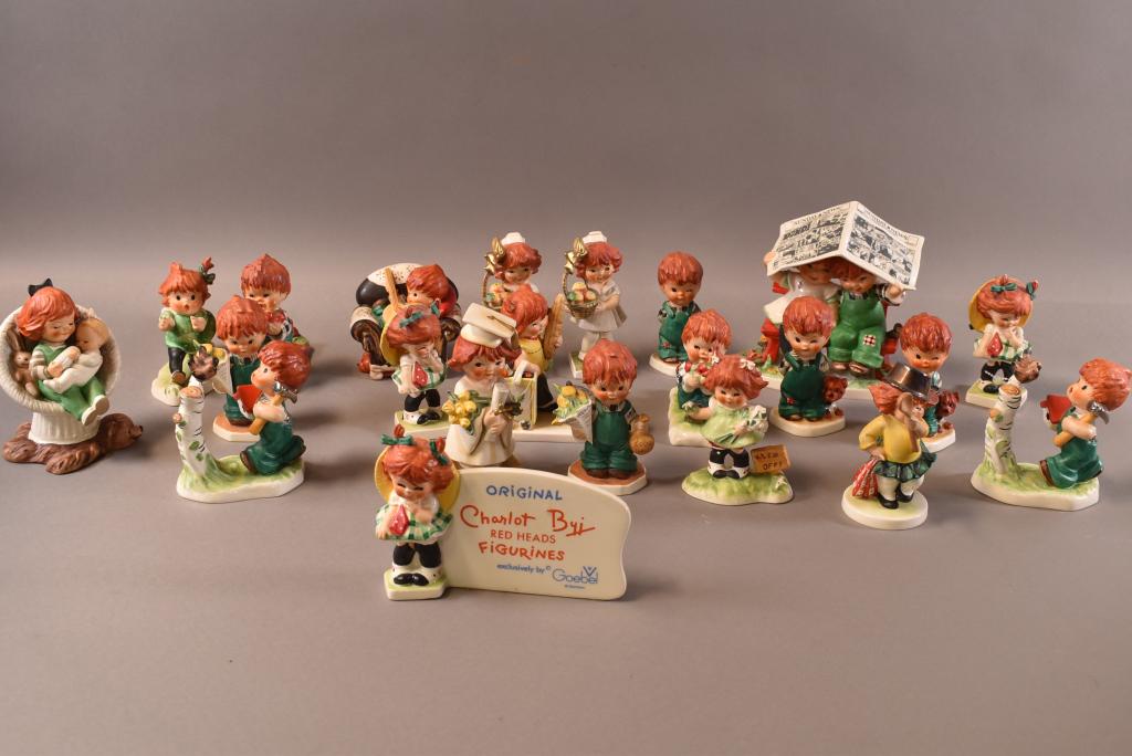 22 CHARLOT BYI RED HEADS GOEBEL FIGURES: LITTLE MISS KOI, LITTLE SHOPPER, BABY SITTER, GOOD NEWS, AND MORE! GOOD OVERALL CONDITION.