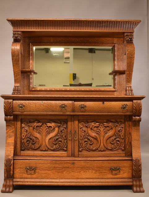 HEAVILY CARVED AMERICAN OAK SIDEBOARD (1 of 5)