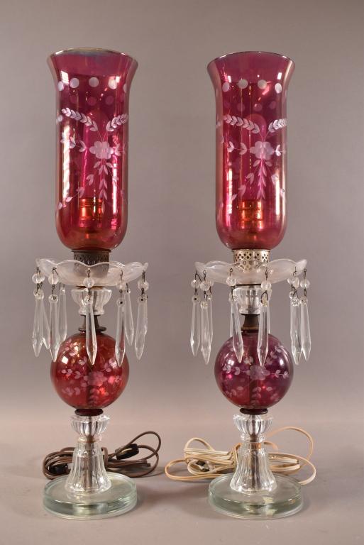PAIR OF RUBY CUT TO CLEAR  PRISM LAMPS (1 of 5)