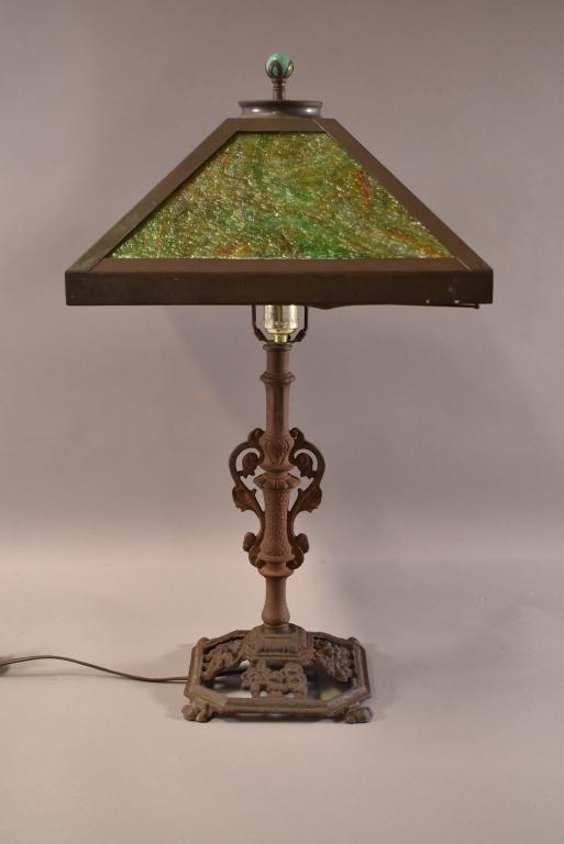 1920'S METAL & SLAG GLASS TABLE LAMP (1 of 4)