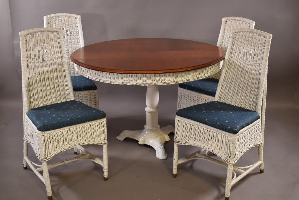 ANTIQUE WHITE WICKER TABLE & 4 CHAIRS (1 of 3)