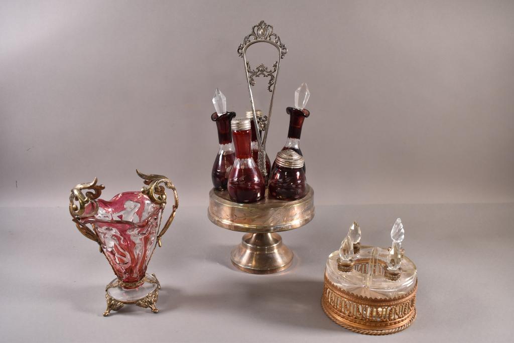 CRUET SET/PERFUME SET/VASE W/ METAL MOUNTS (1 of 4)