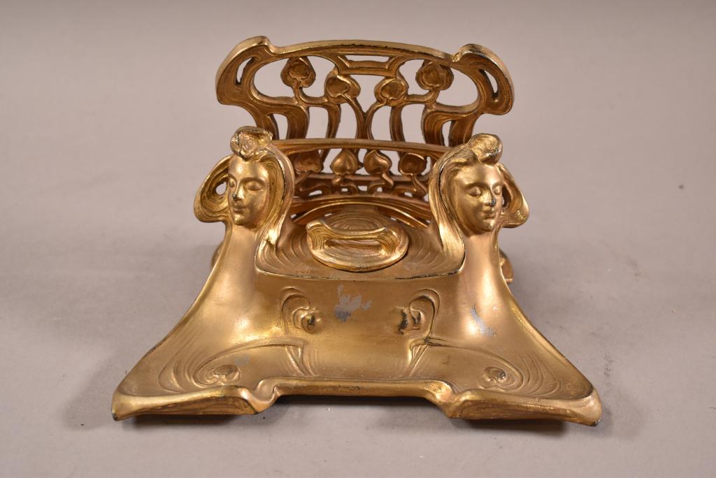 GILT METAL ART NOUVEAU FIGURAL INKWELL (1 of 3)