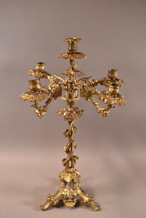 FRENCH BRONZE CANDELABRA: GRAPEVINE MOTIF. 5 ARM, 6 CANDLE. NO CUPS. GOOD OVERALL CONDITION. 22 1/2" H