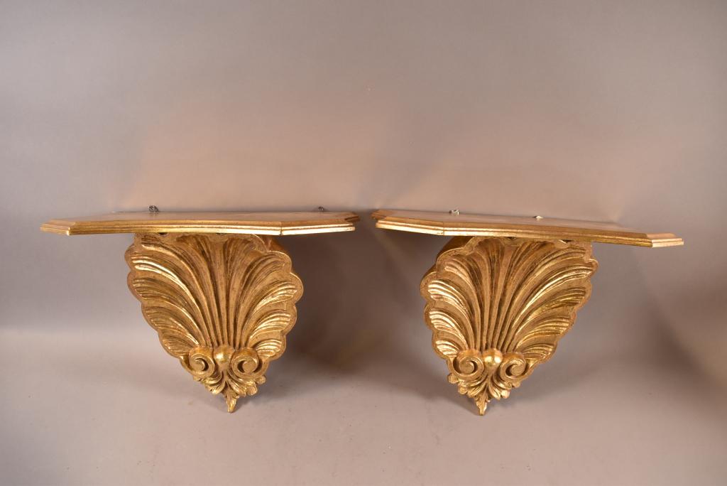 PAIR OF CARVED WOODEN SHELL SHELVES (1 of 2)