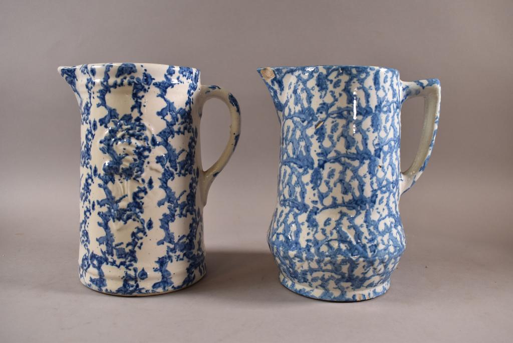 2 BLUE SPONGEWARE EMBOSSED PITCHERS (1 of 6)