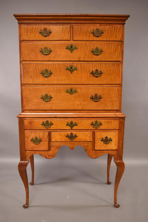 18TH CENTURY CURLY MAPLE FLAT TOP HIGHBOY (1 of 14)