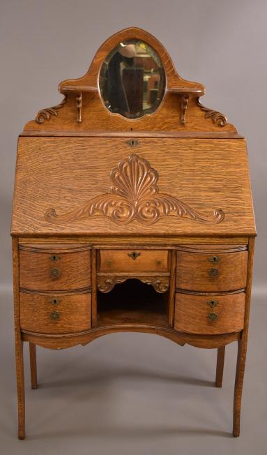 1900'S AM. OAK LADY'S DROP FRONT DESK (1 of 5)