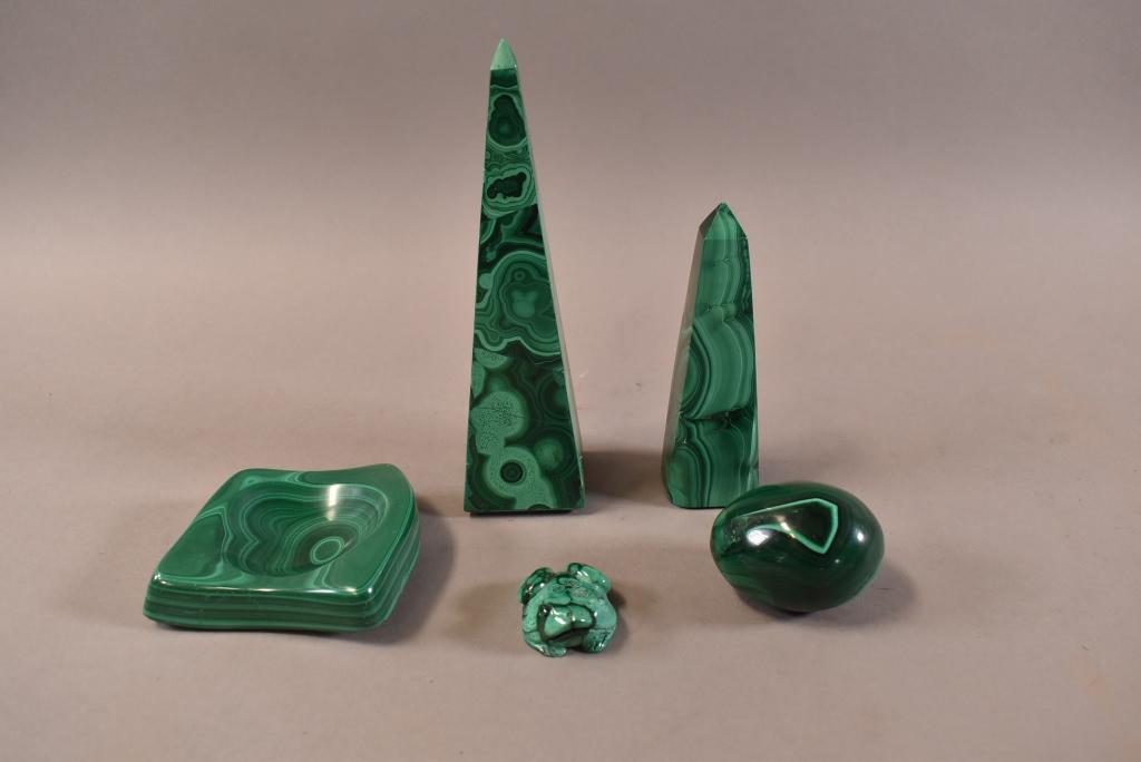 5 PIECES OF MALACHITE: 2 OBELISKS, FROG, EGG, SMALL TRAY. GOOD OVERALL CONDITION. 7" H