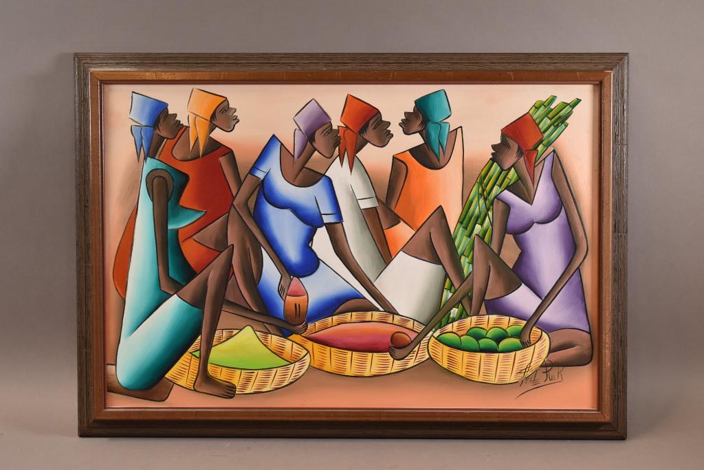 FRITZ ROCK OIL ON CANVAS: HAITIAN ARTIST. SIGNED LOWER RIGHT. "FRITZ ROCK." NUMBERED ON REVERSE 665. 27" x 19" IN FRAME. GOOD OVERALL CONDITION.