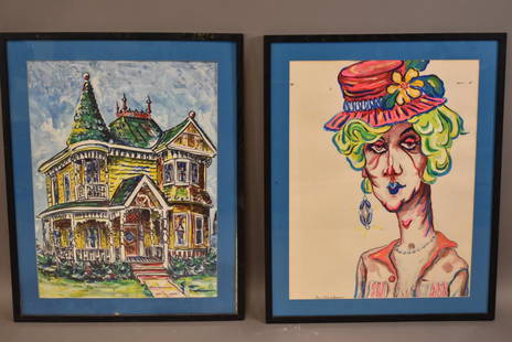 2 FRAMED WATERCOLORS SIGNED DAN WIESENDANGER: SIGNED LOWER LEFT "DAN WIESENDANGER". VICTORIAN HOUSE & WOMAN. 25" x 31"