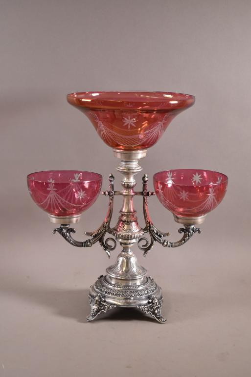 VICTORIAN SILVERPLATE CRANBERRY EPERGNE (1 of 4)