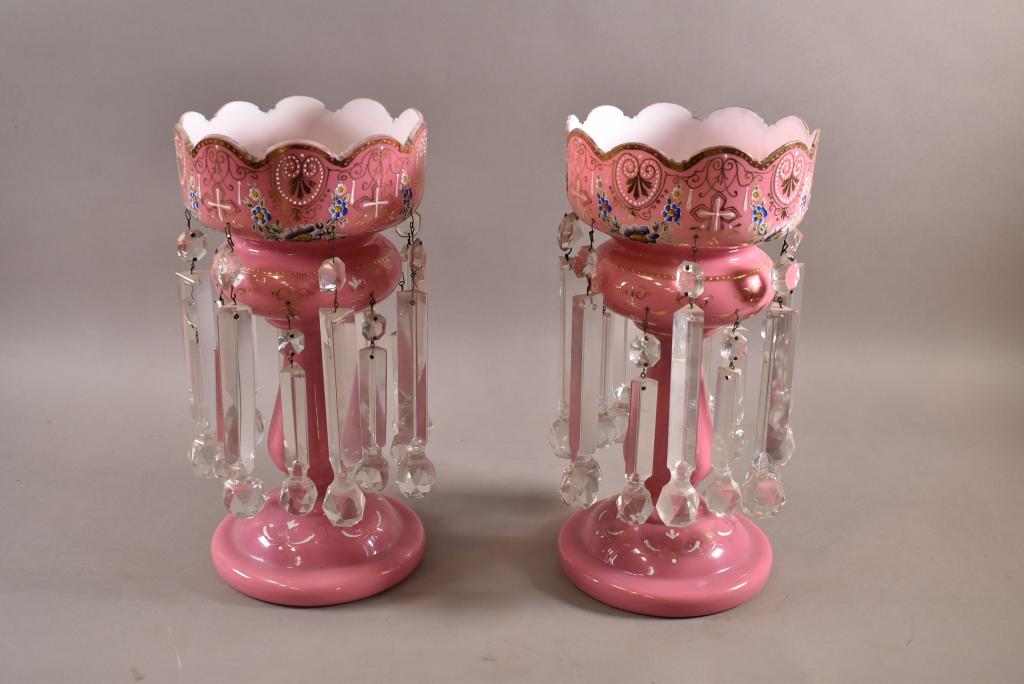 PAIR OF VICTORIAN PINK CASED GLASS LUSTERS (1 of 4)
