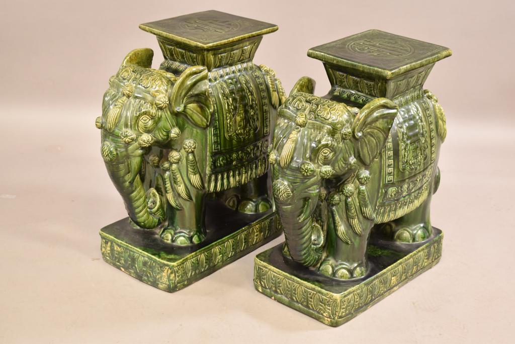 PAIR OF CHINESE PORCELAIN ELEPHANT GARDEN SEATS: PORCELAIN ELEPHANT GARDEN SEATS. HIGHLY DECORATED. SOME PAINT LOSS AND CHIPS. GOOD OVERALL CONDITION. 22" H THIS ITEM EXCEEDS SIZE LIMITATIONS FOR IN HOUSE SHIPPING.