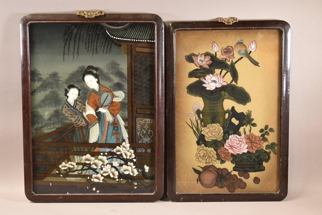 PAIR OF CHINESE REVERSE PAINTED PANELS (1 of 3)