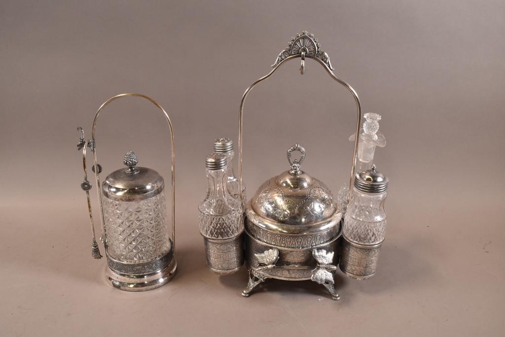 SILVERPLATED CRUET SET & PICKLE CASTER (1 of 5)
