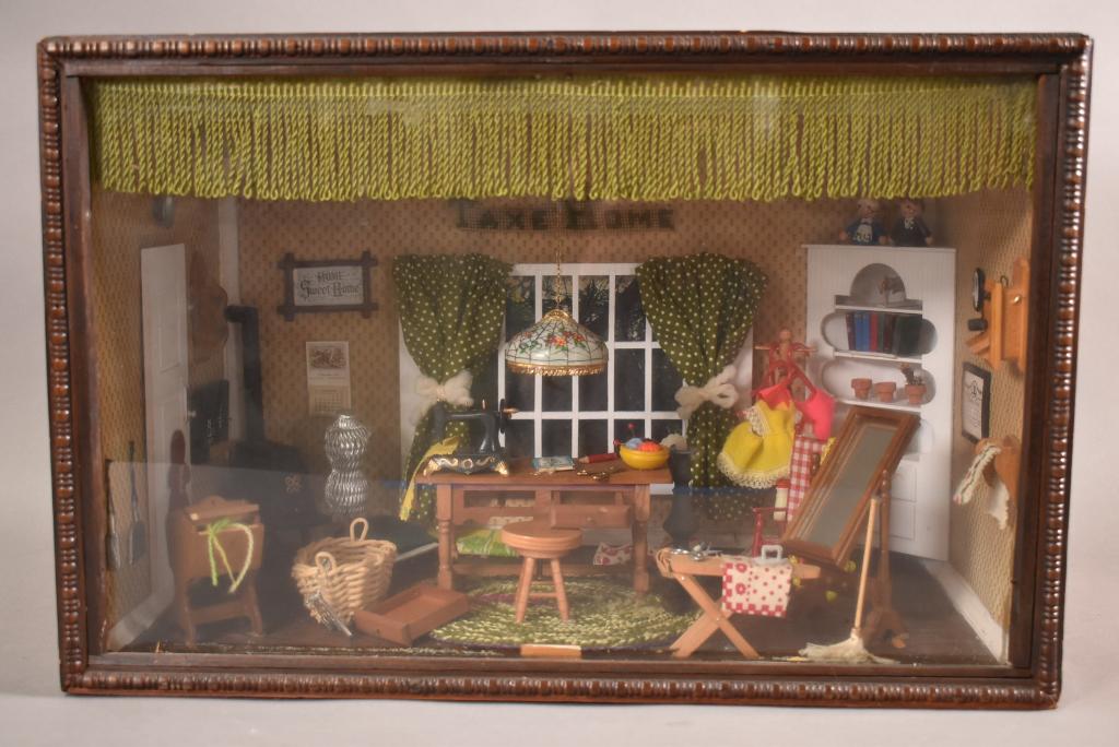 SEWING ROOM DIARAMA: NICELY DECORATED DIARAMA OF SEWING ROOM. ELECTRIFIED. 17" x 10" x 11"