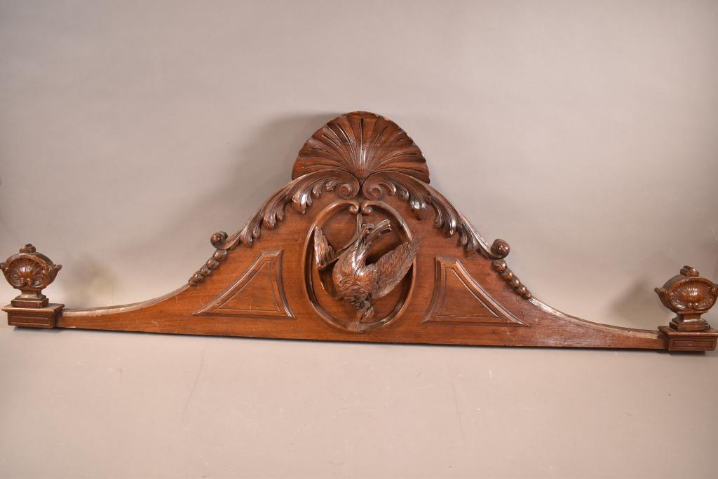 VICTORIAN CARVED PHEASANT PEDIMENT: SOME WEAR TO FINISH. NICELY CARVED. 49" L x 16" H.