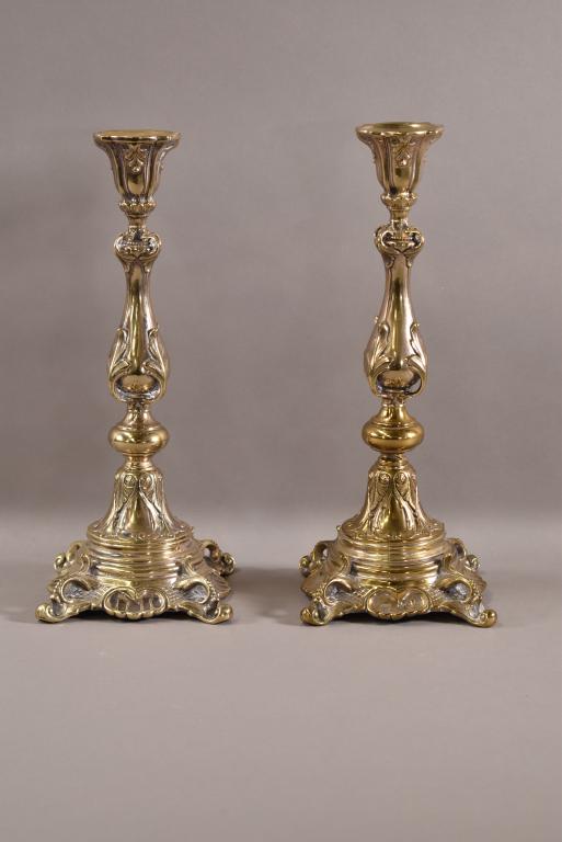PAIR OF SILVERPLATE CANDLESTICKS: HIGHLY DECORATED. MARKED NORBLIN #169B. POSSIBLY FROM POLAND. PLATE LOSS. 14" H