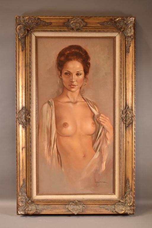 LEO JANSEN NUDE PAINTING: OIL ON CANVAS. SIGNED LOWER RIGHT. GOOD OVERALL CONDITION. 22 1/2" x 37 1/2" IN FRAME.