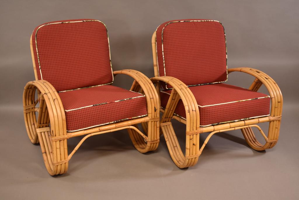 PAIR 1950'S 4 BAND RATTAN ARM CHAIRS (1 of 3)