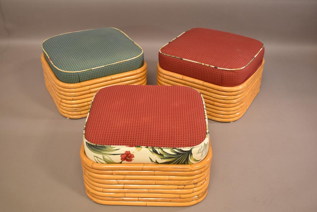 SET OF THREE 1950'S 9 BAND RATTAN OTTOMANS (1 of 3)