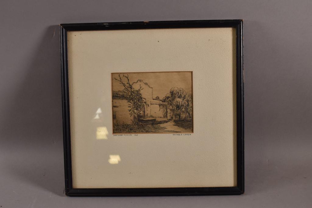 GEORGE LEACH FRAMED SAN DIEGO MISSION ETCHING (1 of 4)