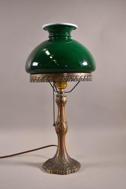 METAL BASE TABLE LAMP WITH GREEN GLASS SHADE (1 of 3)