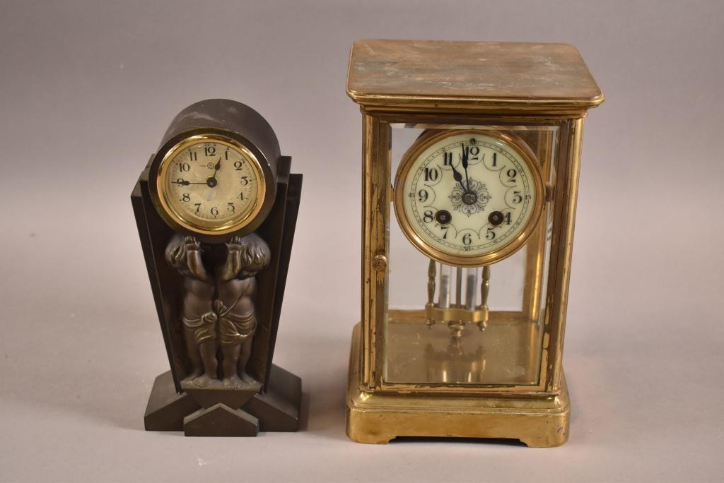 CRYSTAL REGULATOR & SMALL METAL FIGURAL CLOCK (1 of 5)