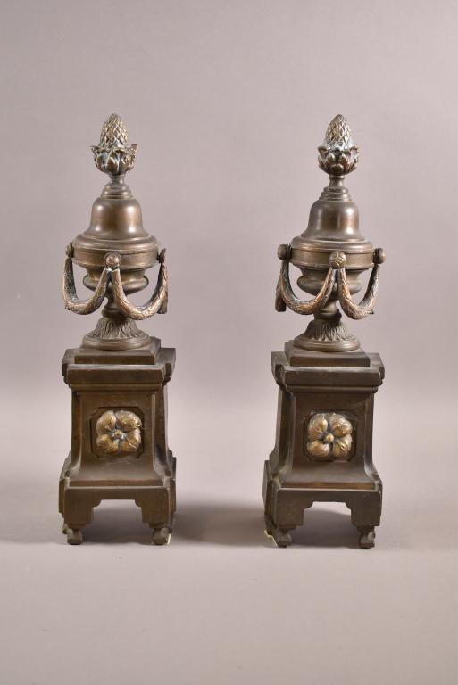 PAIR OF MINIATURE ANDIRONS: METAL MINIATURE ANDIRONS. GOOD OVERALL CONDITION. 12 1/2" H