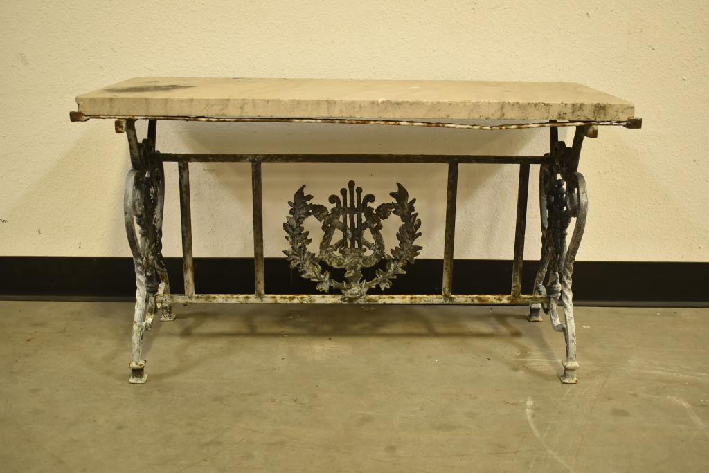 CAST IRON LYRE BASE MARBLE TOP GARDEN SIDE TABLE (1 of 4)