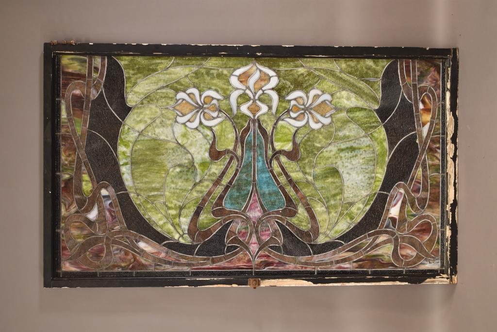 LARGE ANTIQUE ART NOUVEAU LEADED GLASS WINDOW (1 of 3)